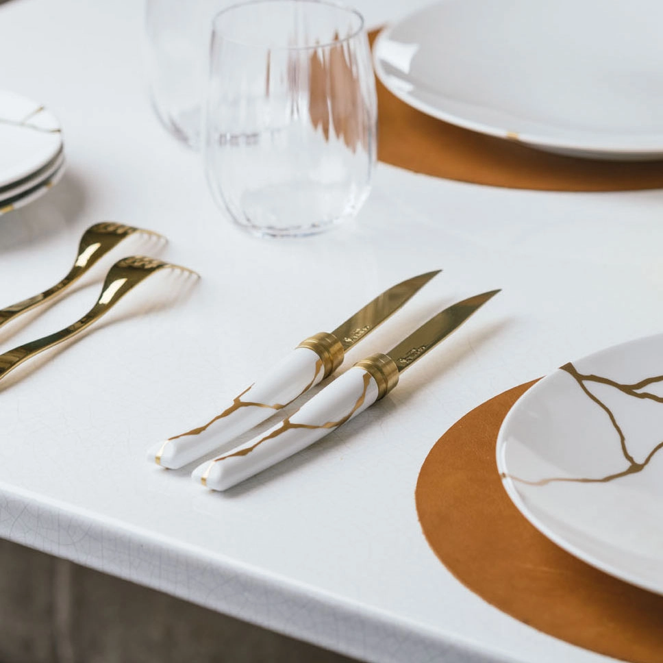 Set di 2 coltelli da tavola Kintsugi Bianco Lama Dorata