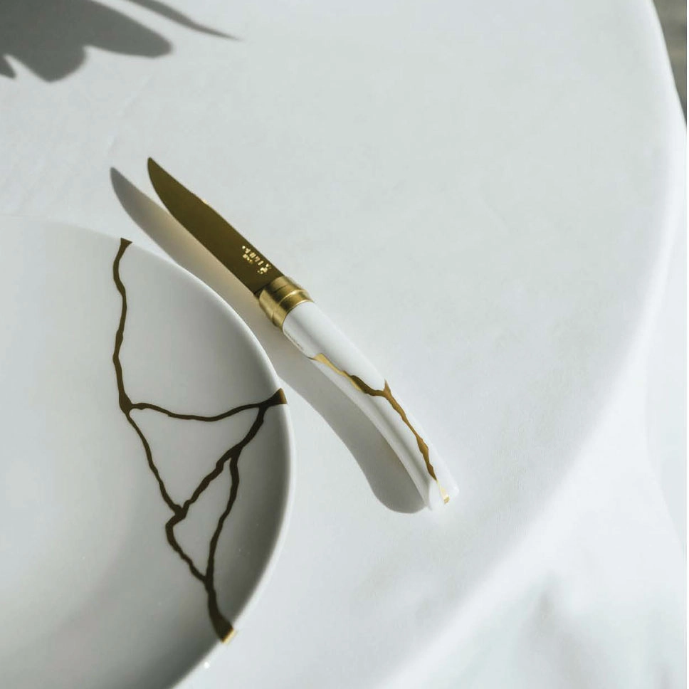 Set di 2 coltelli da tavola Kintsugi Bianco Lama Dorata