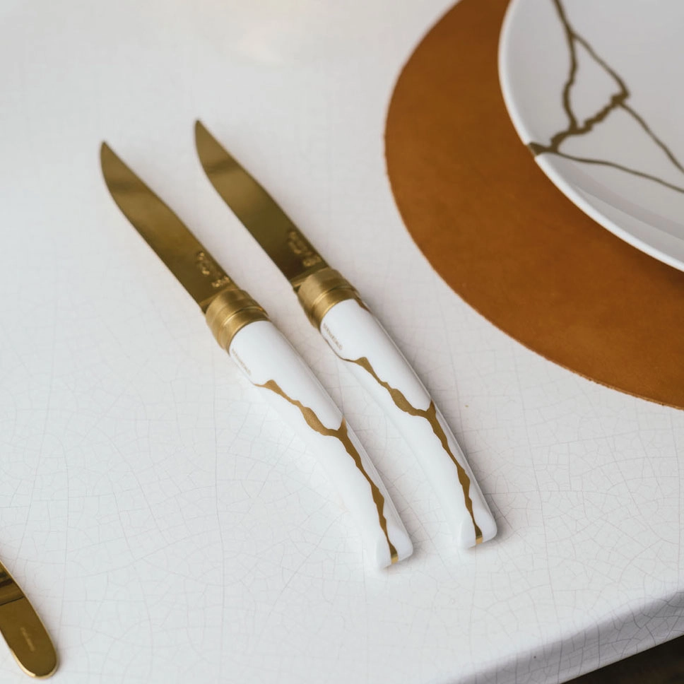Set di 2 coltelli da tavola Kintsugi Bianco Lama Dorata